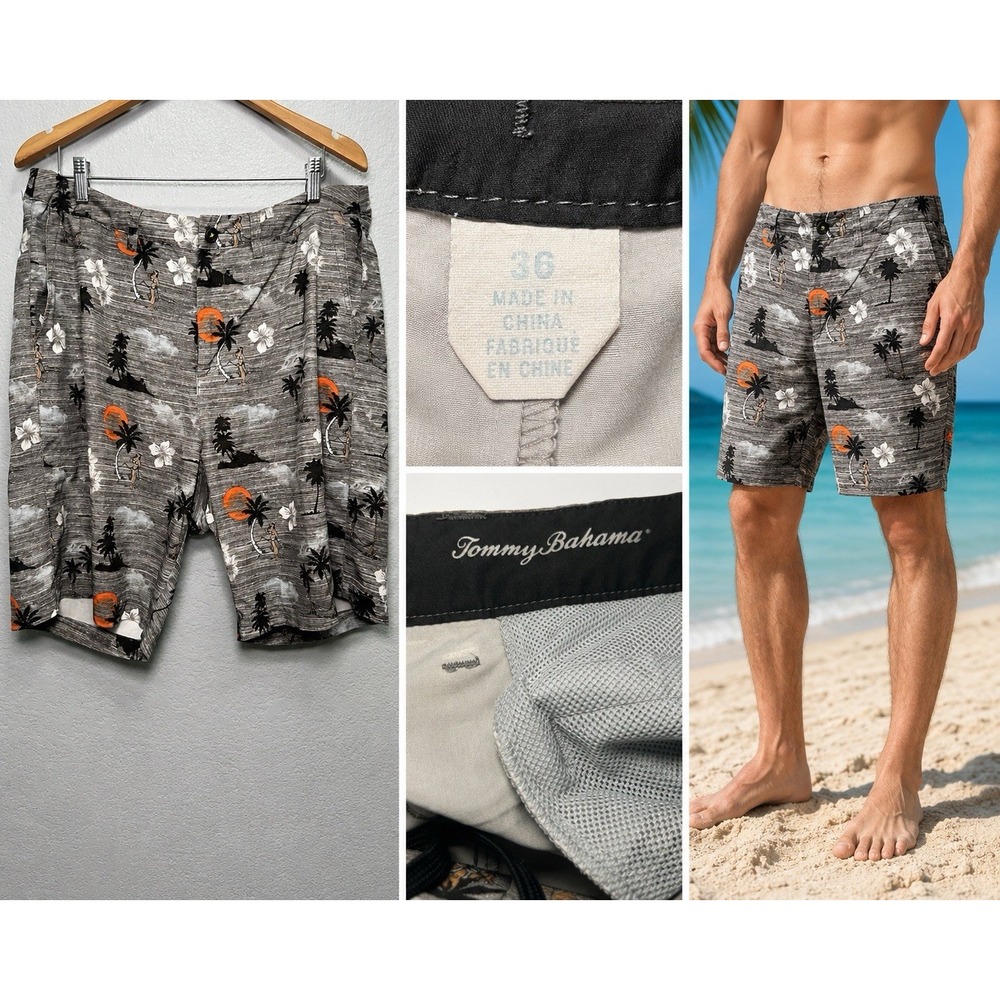 Tommy Bahama Hawaiian Board Shorts Mens 36 x 9" inseam Black Floral Swim Relax